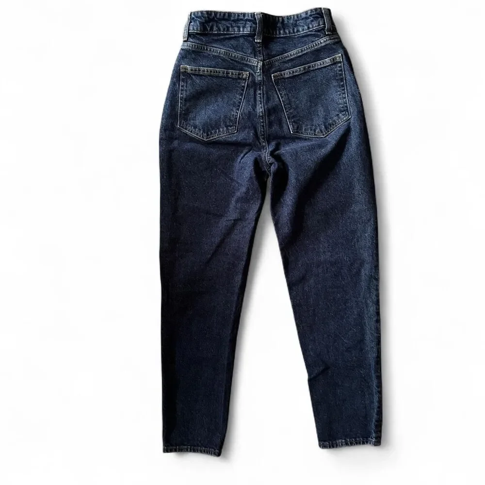 H&M High Waisted Mom Jeans Womens Size 4 Dark Wash Blue Denim Tapered Leg